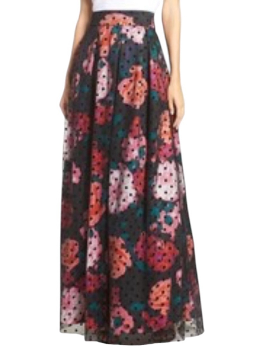 Eliza J Swiss Dot Overlay Floral Ballroom Maxi Skirt